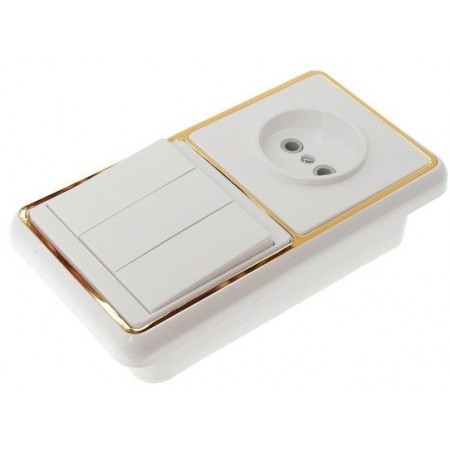 Блок БКВР 039 золотая рамка 3 клавишный выключатель + розетка без заземления